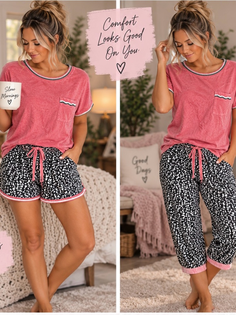 Women's Pink Short Sleeve Pocket PJ Top & Black Printed Lounge Bottoms Set